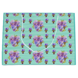 Purple Pansy flowers floral Aqua Stripe Gift Bag