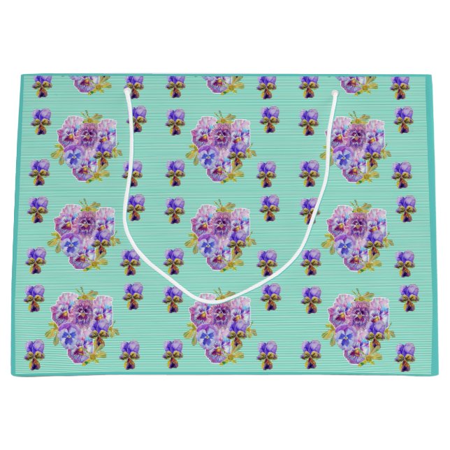 Purple Pansy flowers floral Aqua Stripe Gift Bag (Front)
