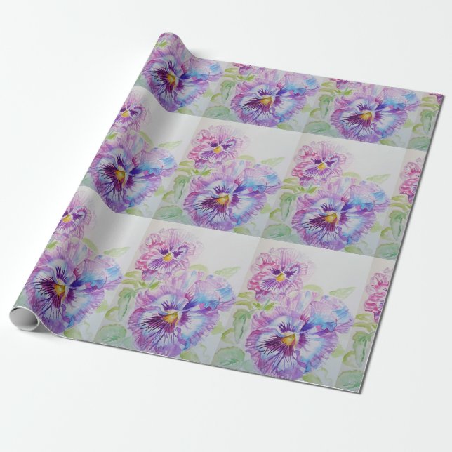 Purple Pansy flowers floral Watercolor Wrapping Wrapping Paper (Unrolled)