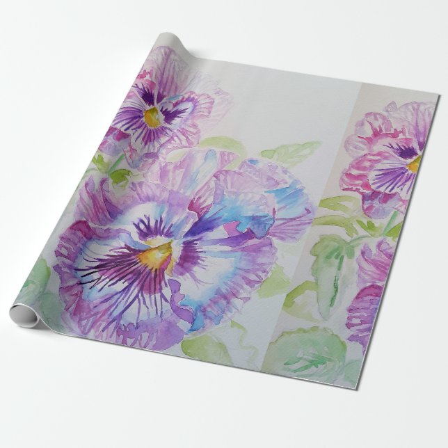 Purple Pansy flowers floral Watercolor Wrapping Wrapping Paper (Unrolled)