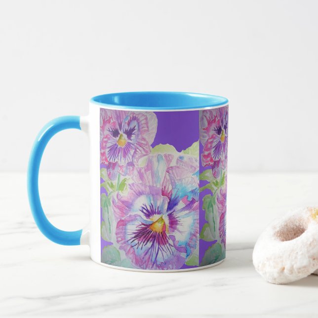 Purple Pansy Flowers Mom Daughter Mug (With Donut)