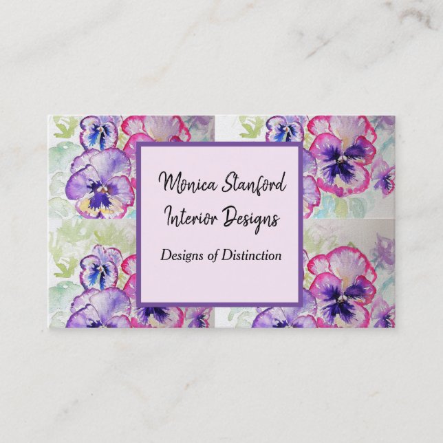 Purple Pansy Flowers Watercolour Business Card (Front)