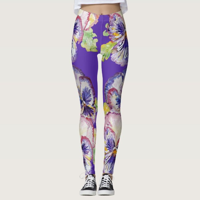 Purple Pansy large pansy Floral flower Leggings (Front)