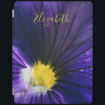 Purple pansy macro photograph elegant iPad cover<br><div class="desc">Modern and elegant iPad cover featuring an original macro photograph of a beautiful purple and yellow pansy flower.
Easily customisable by adding your name or text of your choice on a yellow calligraphy font.</div>