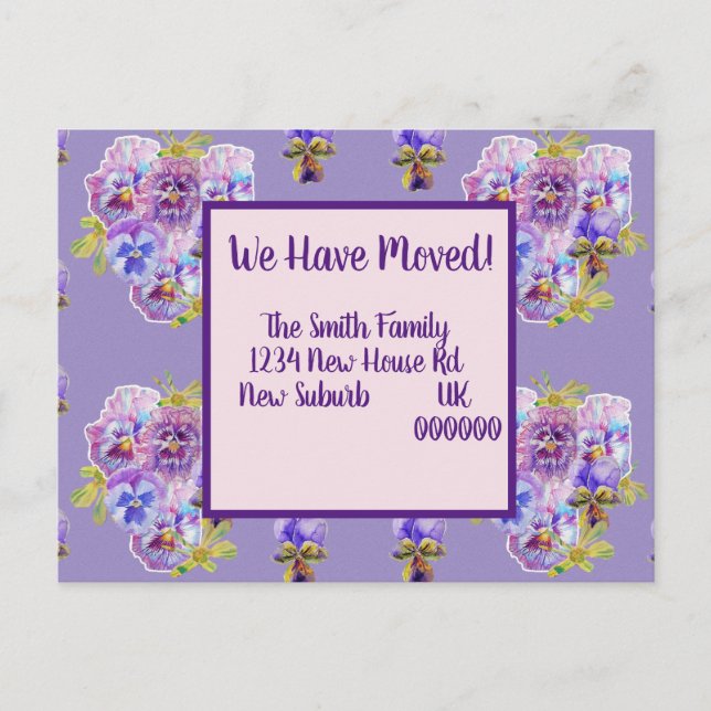 Purple Pansy New Address Postcard, We Are Moving Postcard (Front)