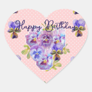 Purple Pansy Pansies Flower Pattern Happy Birthday Heart Sticker