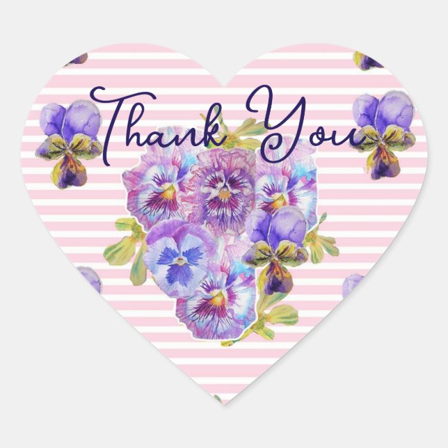 Purple Pansy Pansies Flower Pattern Thank You Pink Heart Sticker (Front)