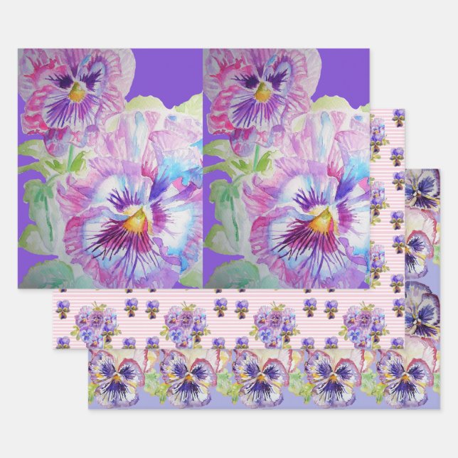 Purple Pansy Pansies flower Watercolor Painting Wrapping Paper Sheet (Set)