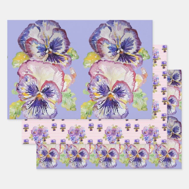 Purple Pansy Pansies flower Watercolor Painting Wrapping Paper Sheet (Set)