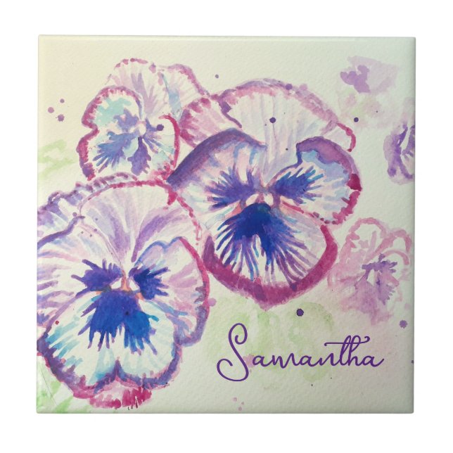 Purple Pansy Pansies Watecolor Floral Art Design Tile (Front)