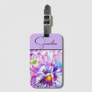 Purple Pansy Pansies Watercolor Floral Flower Luggage Tag