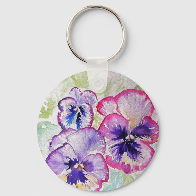 Purple Pansy Pink Flower Floral Watercolor Key Ring (Front)