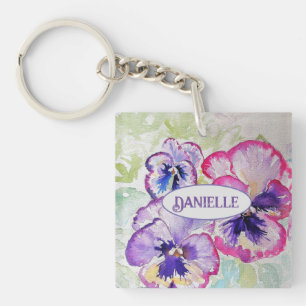 Purple Pansy Pink Flower Floral Watercolor Key Ring