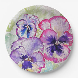Purple Pansy Pink Flower Floral Watercolor Paper Plate