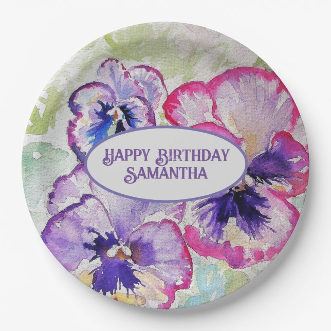 Purple Pansy Pink Flower Floral Watercolor Paper Plate (Front)