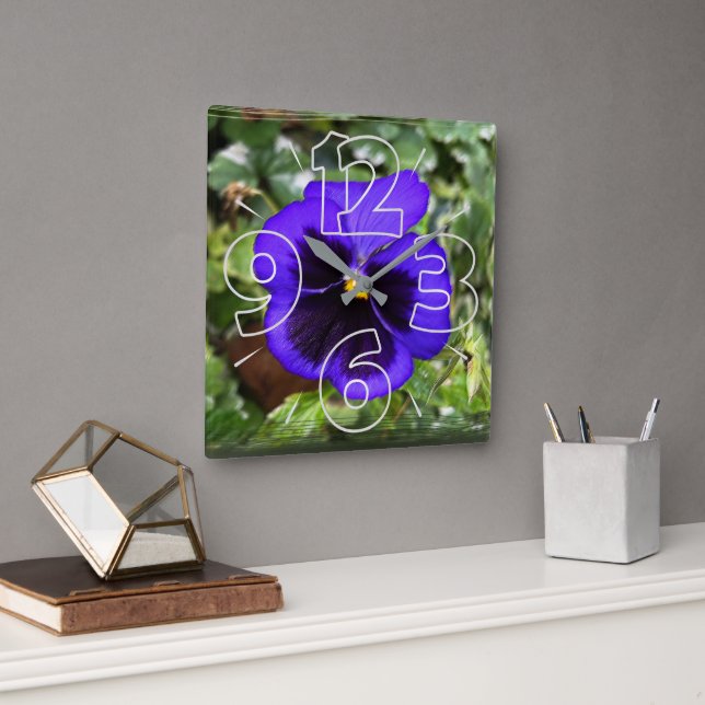 Purple pansy square wall clock (Office)