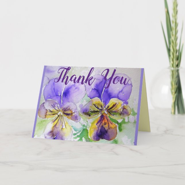 Purple Pansy Thank You thanks Watercolor Card (Front)