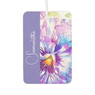 Purple Pansy Watercolor Flower Girls Name Floral Car Air Freshener