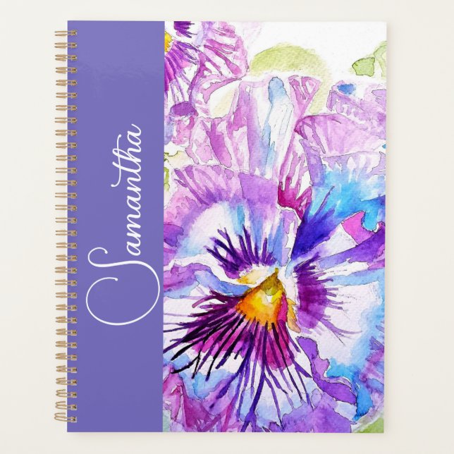 Purple Pansy Watercolor Flower Girls Name Floral Planner (Front)