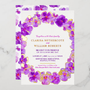 Purple pansy watercolor flower wedding gold