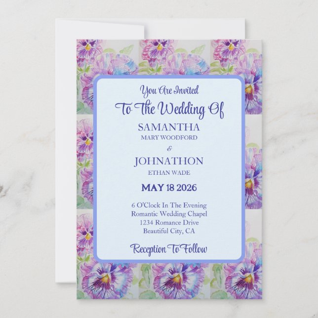 Purple Pansy Watercolor Flower Wedding Invitation (Front)