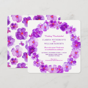 Purple pansy watercolor flower wedding rescheduled invitation