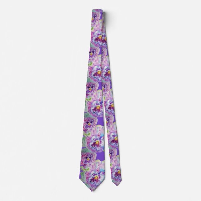 Purple Pansy Watercolor Painting Mens Neck Tie (Front)