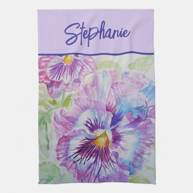 Purple Pansy Watercolor Womens Lavender Violet Tea Towel (Vertical)