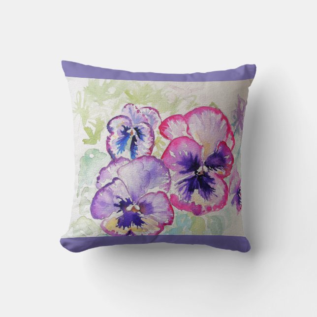 Purple Pansy Watercolour Flower floral Cushion (Front)