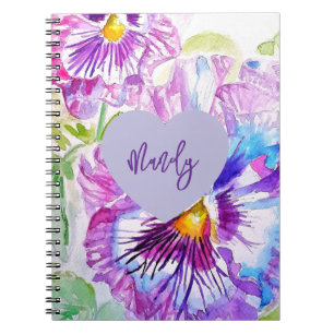 Purple Pansy Watercolour Flower Woman's Name Notebook