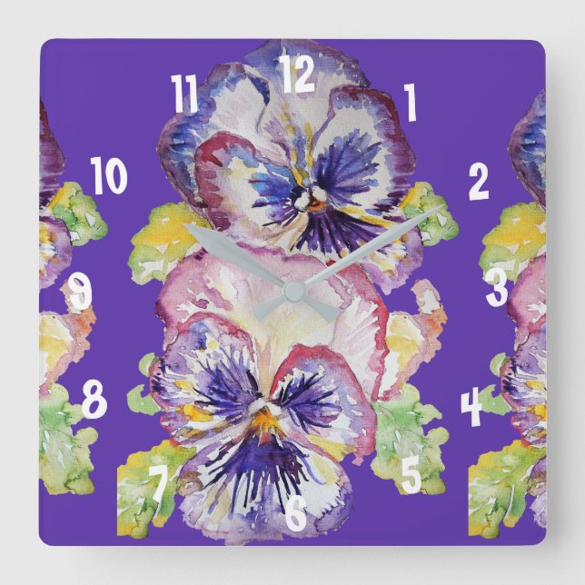 Purple Pansy Watercolour Womans Office Clock (Front)