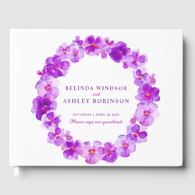 Purple pansy wreath watercolor wedding guest book (Front)