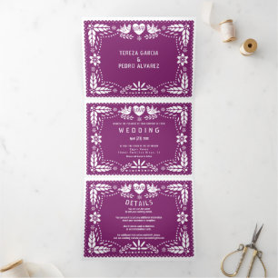 Purple papel picado love birds wedding Tri-Fold invitation