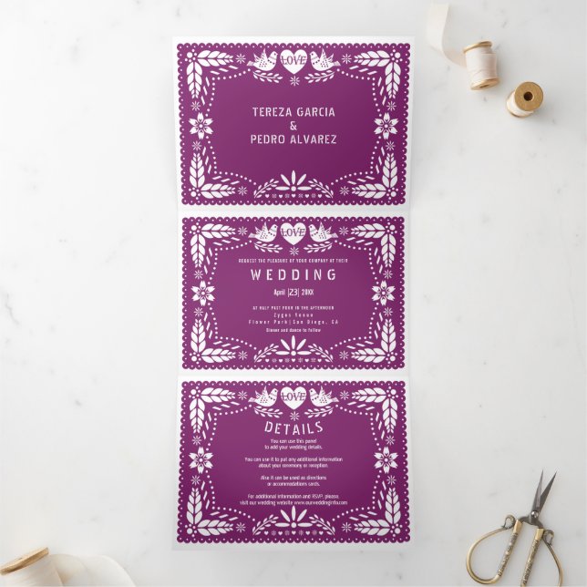 Purple papel picado love birds wedding Tri-Fold invitation (Inside)