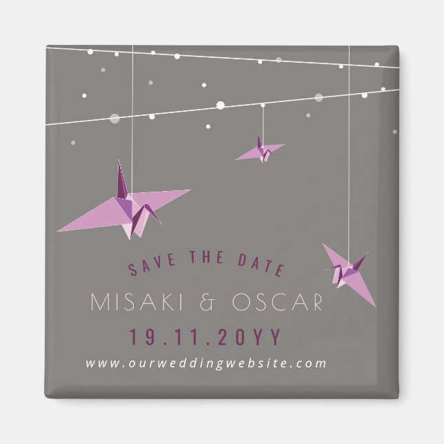 Purple Paper Cranes And Fairy Lights Save The Date Magnet (Front)
