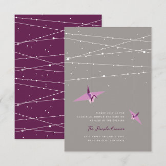 Purple Paper Cranes Fairy Lights Wedding Reception Invitation