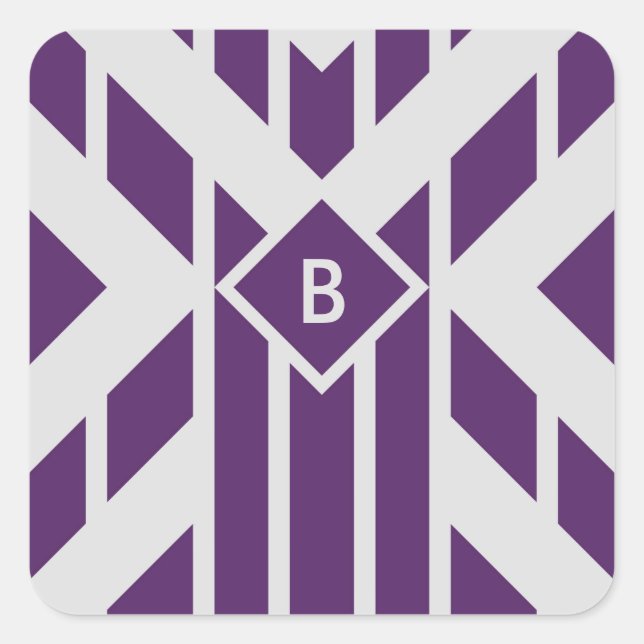 Purple Parallelogram Stripes on Grey with Monogram Square Sticker (Front)