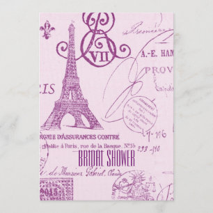 purple paris eiffel tower vintage bridal shower invitation