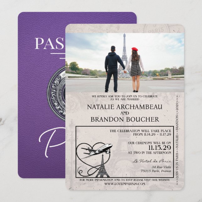 Purple Paris Passport Wedding Invitation (Front/Back)