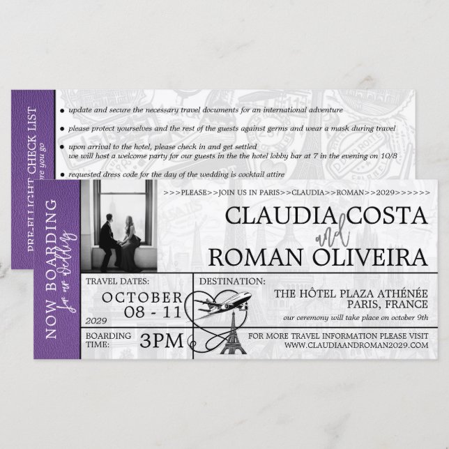 Purple Paris Wedding Boarding Pass Invitation (Front/Back)