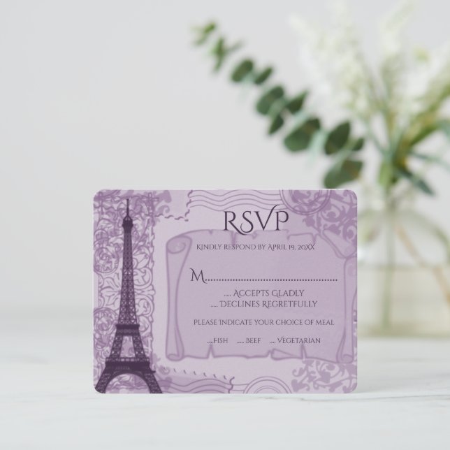 Purple Parisian Wedding RSVP Card (Standing Front)