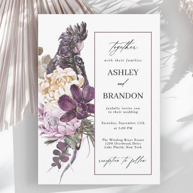 Purple Parrot Boho Tropical Floral Wedding Invitation (Creator Uploaded)