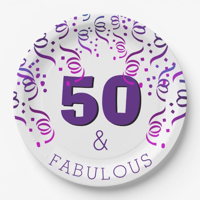Purple Party | 50 Fabulous Happy 50th Birthday Paper Plate (Front)