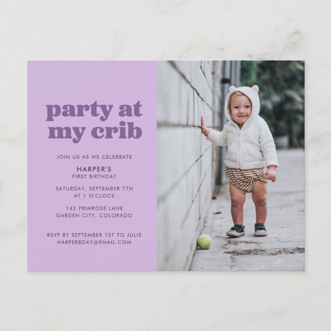 Purple Party at My Crib 1st Birthday Party Invitat Postcard (Front)