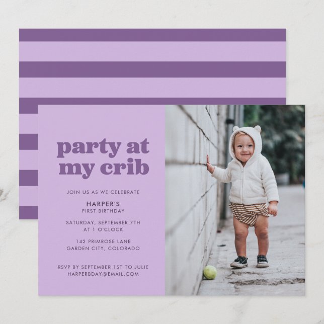 Purple Party at My Crib 1st Birthday Party Invitation (Front/Back)