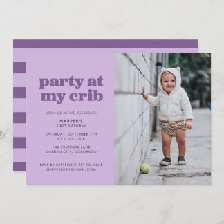 Purple Party at My Crib 1st Birthday Party Invitation