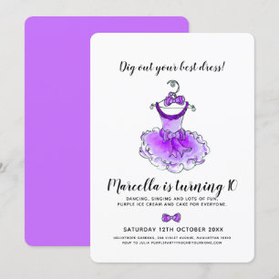 Purple party dress girls 10th birthday party invitation