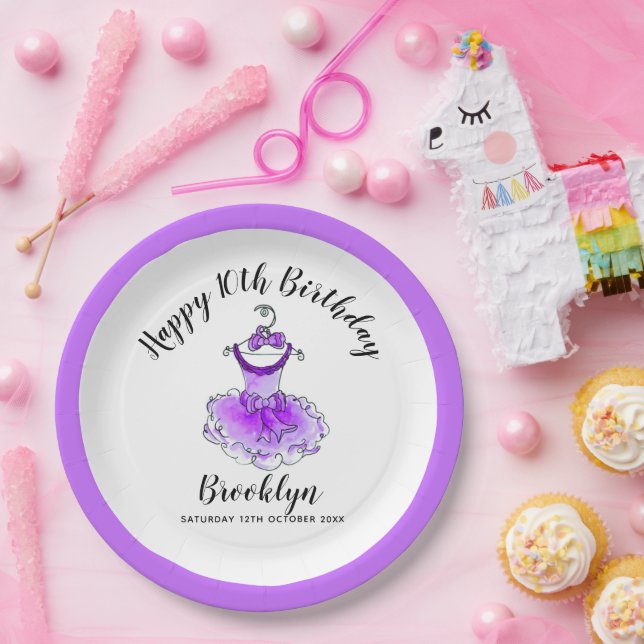 Purple party dress girls 10th birthday party paper paper plate (Party)