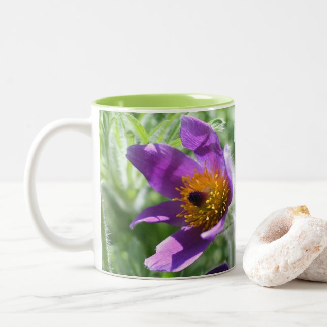 Purple Pasque Flower Personalised Two-Tone Coffee Mug (With Donut)