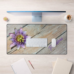 Purple Passiflora Blossom Weathered Wood Rustic Desk Mat